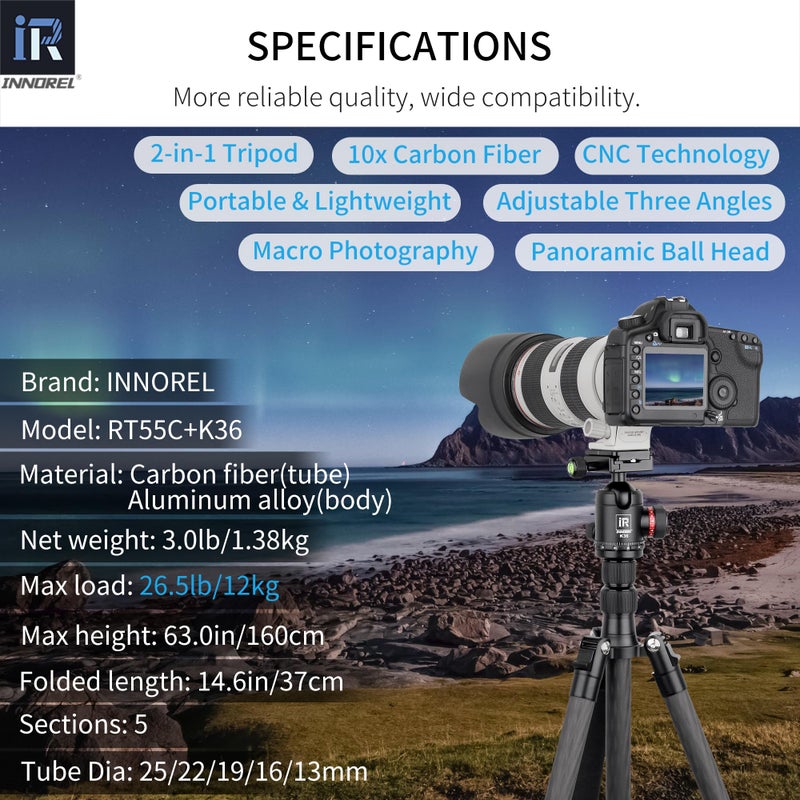 Innorel 10 Layers Carbon Fiber Travel Tripod Monopod-INNOREL RT55C with 36mm Panoramic Ball Head 360 Degree and Carrying Case Professional Lightweight Compact Tripods for Digital Camera Camcorder DSLR - Image 2